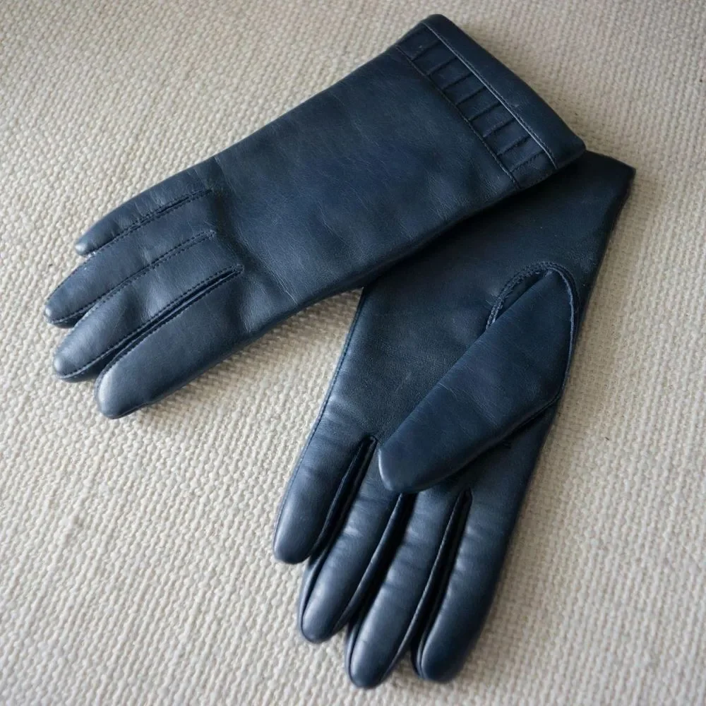 Vintage Navy Vinyl Leather Winter Retro Embossed Lined Women's Gloves